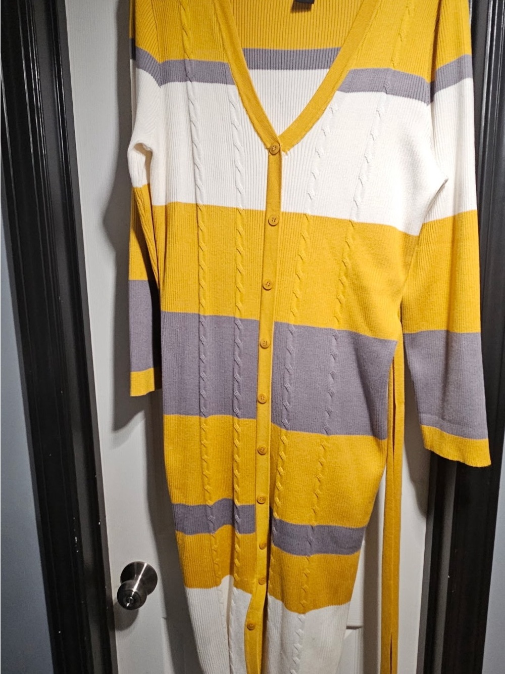 Yellow, Gray & White Striped Long Button Cardigan Sweater